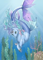 Size: 600x826 | Tagged: dead source, safe, artist:baby-blue-bell, oc, oc only, hippocampus, merpony, bubble, coral, crepuscular rays, crown, cute, digital art, female, fins, fish tail, flowing mane, flowing tail, green eyes, happy, heart necklace, jewelry, looking at you, necklace, ocean, pearl necklace, regalia, scales, seashell, seaweed, smiling, smiling at you, solo, sunlight, swimming, tail, underwater, water