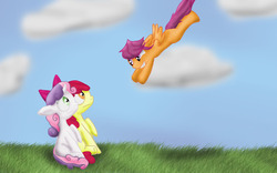 Size: 1280x800 | Tagged: safe, artist:mrsmiles14, apple bloom, scootaloo, sweetie belle, g4, cutie mark crusaders