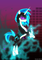 Size: 1347x1920 | Tagged: safe, artist:giuliabeck, dj pon-3, vinyl scratch, pony, g4, corrupted, electricity, female, solo