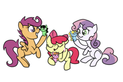 Size: 1200x800 | Tagged: safe, artist:otterlore, apple bloom, scootaloo, sweetie belle, g4, cutie mark crusaders, ponified, powerpuff crusaders, simple background, the powerpuff girls, toy, transparent background, trio