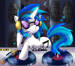 Size: 554x490 | Tagged: safe, artist:cheerubi, dj pon-3, vinyl scratch, pony, unicorn, g4, electricity, female, headphones, horn, mixing console, music notes, record scrape, smiling, solo, speaker, sunglasses, turntable