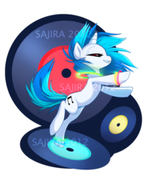 Size: 400x473 | Tagged: dead source, safe, artist:sambragg, dj pon-3, vinyl scratch, pony, unicorn, g4, bipedal, dancing, disc, glow rings, obtrusive watermark, solo, watermark