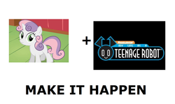 Size: 1337x796 | Tagged: safe, sweetie belle, pony, robot, robot pony, unicorn, g4, blank flank, exploitable meme, female, filly, foal, hooves, horn, make it happen, meta, my life as a teenage robot, solo, sweetie bot, teeth