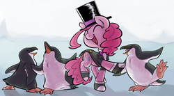 Size: 1280x706 | Tagged: safe, artist:php27, pinkie pie, bird, earth pony, penguin, pony, g4, dancing, spats, suit