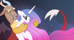 Size: 900x482 | Tagged: dead source, safe, artist:sambragg, discord, princess celestia, g4, crying, female, male, ship:dislestia, shipping, straight