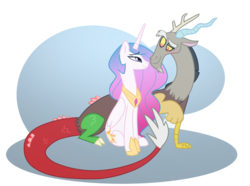 Size: 800x596 | Tagged: dead source, safe, artist:sambragg, discord, princess celestia, alicorn, draconequus, pony, g4, female, jewelry, male, mare, regalia, ship:dislestia, shipping, simple background, straight, transparent background