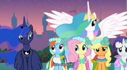 Size: 638x354 | Tagged: safe, screencap, applejack, fluttershy, princess celestia, princess luna, rainbow dash, rarity, alicorn, earth pony, pegasus, pony, unicorn, g4, female, horn, mare, royal sisters, siblings, sisters, spread wings, wedding, wings, youtube caption