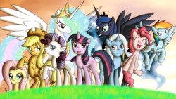 Size: 1920x1080 | Tagged: safe, artist:atomic-chinchilla, applejack, fluttershy, pinkie pie, princess celestia, princess luna, rainbow dash, rarity, trixie, twilight sparkle, pony pov series, g4, alex warlorn, fanfic, female, mane six, princess