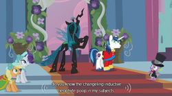 Size: 628x352 | Tagged: safe, edit, edited screencap, screencap, applejack, queen chrysalis, rarity, shining armor, spike, changeling, changeling queen, dragon, earth pony, pony, unicorn, a canterlot wedding, g4, season 2, canterlot, caption, female, horn, implied poop, male, mare, stallion, text, wingless spike, youtube caption