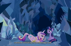 Size: 525x345 | Tagged: safe, screencap, princess cadance, twilight sparkle, alicorn, pony, unicorn, a canterlot wedding, g4, season 2, censorship, crystal caverns, female, mare, maybe perhaps only, sunshine sunshine, unicorn twilight, youtube caption