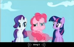 Size: 471x300 | Tagged: safe, screencap, pinkie pie, rarity, twilight sparkle, g4, wtf, youtube caption