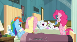 Size: 636x347 | Tagged: safe, screencap, fluttershy, pinkie pie, rainbow dash, g4, read it and weep, bed, female, youtube caption