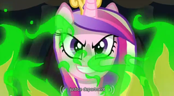 Size: 636x350 | Tagged: safe, screencap, princess cadance, queen chrysalis, g4, disguise, disguised changeling, evil, harsher in hindsight, youtube caption