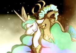 Size: 612x432 | Tagged: safe, artist:geckofly, discord, princess celestia, g4, female, male, ship:dislestia, shipping, straight