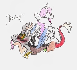 Size: 1413x1288 | Tagged: safe, artist:frankilew, discord, princess celestia, g4, female, male, ship:dislestia, shipping, straight, wingboner