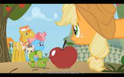 Size: 1024x640 | Tagged: safe, screencap, applejack, carrot cake, cup cake, pound cake, caterpillar, earth pony, pegasus, pony, baby cakes, g4, apple, female, male, mare, stallion, tree, youtube caption