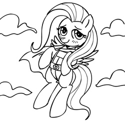 Size: 945x945 | Tagged: safe, artist:166, artist:megasweet, fluttershy, pegasus, pony, g4, black and white, crossover, dc comics, female, grayscale, lineart, monochrome, power girl, solo