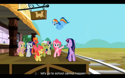 Size: 1024x640 | Tagged: safe, edit, edited screencap, screencap, apple bloom, big macintosh, bon bon, fluttershy, granny smith, pinkie pie, rainbow dash, rarity, sweetie drops, twilight sparkle, earth pony, pegasus, pony, unicorn, g4, the last roundup, caption, ediited screencap, female, filly, foal, male, mare, stallion, text, youtube caption