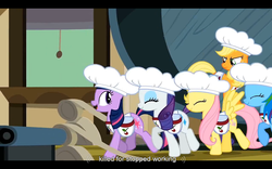 Size: 1024x640 | Tagged: safe, screencap, applejack, fluttershy, rainbow dash, rarity, twilight sparkle, earth pony, pegasus, pony, unicorn, g4, the last roundup, eyes closed, female, horn, mare, youtube caption