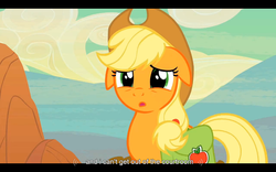 Size: 1024x640 | Tagged: safe, screencap, applejack, earth pony, pony, g4, my little pony: friendship is magic, the last roundup, female, mare, solo, youtube caption