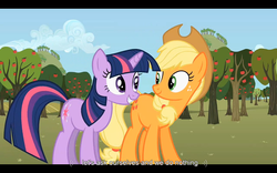 Size: 1024x640 | Tagged: safe, screencap, applejack, twilight sparkle, g4, my little pony: friendship is magic, the super speedy cider squeezy 6000, youtube caption