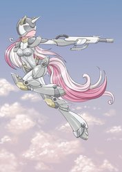 Size: 600x849 | Tagged: dead source, safe, artist:baby-blue-bell, part of a set, oc, oc only, unicorn, anthro, armor, bodice, cloud, flying, gun, helmet, horn, sky, visor, weapon