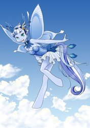 Size: 600x849 | Tagged: dead source, safe, artist:baby-blue-bell, part of a set, oc, oc only, flutter pony, anthro, bodice, breasts, butterfly wings, choker, clothes, cyan eyes, feather, female, flying, hair bun, looking at you, mare, open mouth, open smile, skirt, smiling, wings