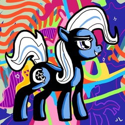 Size: 1200x1200 | Tagged: safe, artist:docwario, trixie, pony, g4, abstract background, female, grin, mare, side view, smiling, solo, standing