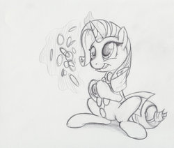 Size: 900x764 | Tagged: safe, artist:beechsprout, rarity, pony, g4, buttons, monochrome, sketch, solo