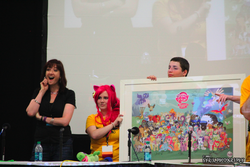 Size: 2047x1365 | Tagged: safe, artist:breefaith, pinkie pie, human, bronycon, bronycon 2012, g4, brittany lauda, clothes, cosplay, costume, irl, irl human, lauren faust, open mouth, open smile, photo, poster, smiling