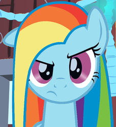 Size: 579x634 | Tagged: safe, rainbow dash, pegasus, pony, g4, party of one, female, frown, looking at you, mare, rainbowmena, recolor, solo