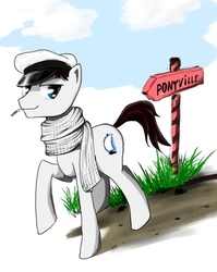 Size: 450x566 | Tagged: safe, artist:madhotaru, clothes, hat, looking at you, male, mouth hold, ostap bender, ponified, scarf, soviet, stallion, the twelve chairs