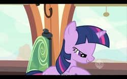 Size: 1680x1050 | Tagged: safe, screencap, twilight sparkle, pony, unicorn, g4, my little pony: friendship is magic, the last roundup, female, half-closed eyes, horn, hub logo, logo, mare, oh u, oh you, solo, the hub, unicorn twilight, youtube caption