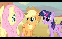 Size: 1680x1050 | Tagged: safe, screencap, applejack, fluttershy, twilight sparkle, g4, the last roundup, appletwishy, youtube caption