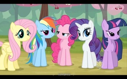 Size: 1680x1050 | Tagged: safe, screencap, fluttershy, pinkie pie, rainbow dash, rarity, twilight sparkle, earth pony, pegasus, unicorn, g4, the last roundup, cherry tree, female, lidded eyes, out of context, romance, tree, youtube caption