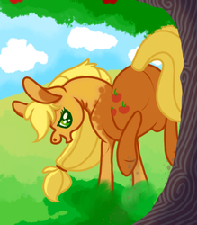 Size: 350x400 | Tagged: safe, artist:spiderishdrawsmostlyponies, applejack, earth pony, pony, g4, applebucking, applebutt, butt, female, plot, solo