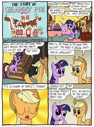 Size: 811x1089 | Tagged: safe, artist:kturtle, applejack, pinkie pie, twilight sparkle, earth pony, pony, unicorn, comic:the story of granny pie, g4, accent, applejack's hat, cake, comic, cowboy hat, cupcake, eyes closed, female, food, hat, implied granny pie, mare, sugarcube corner, unicorn twilight