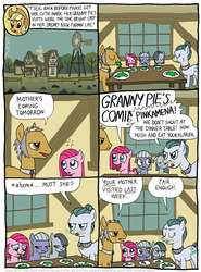 Size: 802x1083 | Tagged: safe, artist:kturtle, applejack, cloudy quartz, igneous rock pie, limestone pie, marble pie, pinkie pie, earth pony, pony, comic:the story of granny pie, g4, alfalfa, applejack's hat, comic, cowboy hat, eating, eyes closed, female, filly, food, glasses, hat, implied granny pie, male, mare, pie family, rock farm, ship:quartzrock, stallion