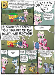 Size: 796x1088 | Tagged: safe, artist:kturtle, cloudy quartz, granny pie, igneous rock pie, limestone pie, marble pie, pinkie pie, earth pony, pony, comic:the story of granny pie, g4, accent, alternative name, cart, comic, cupcakes song, excited, female, filly, glasses, hug, male, mare, pie family, ship:quartzrock, singing, stallion