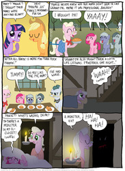 Size: 797x1086 | Tagged: safe, artist:kturtle, applejack, cloudy quartz, granny pie, limestone pie, marble pie, pinkie pie, twilight sparkle, earth pony, pony, comic:the story of granny pie, g4, accent, applejack's hat, candle, comic, cowboy hat, crying, dialogue, eyes closed, female, filly, food, glasses, hat, laughing, mare, mouth hold, pie, pie family, scared, speech bubble, yay