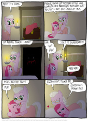 Size: 802x1102 | Tagged: safe, artist:kturtle, granny pie, pinkie pie, earth pony, pony, comic:the story of granny pie, g4, bed, candle, closet, clothes hanger, comic, dialogue, eyes closed, female, filly, glasses, heart, kiss on the head, lidded eyes, mare, mouth hold, pillow