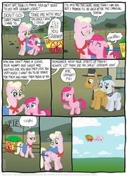 Size: 796x1098 | Tagged: safe, artist:kturtle, cloudy quartz, granny pie, igneous rock pie, pinkie pie, earth pony, pegasus, pony, comic:the story of granny pie, g4, cart, comic, covered wings, crying, eyes closed, female, filly, flying, glasses, heart, kiss on the head, male, mare, mouth hold, pie family, pinkamena diane pie, sad, ship:quartzrock, stallion