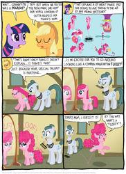 Size: 801x1100 | Tagged: safe, artist:kturtle, applejack, cloudy quartz, granny pie, pinkie pie, twilight sparkle, earth pony, pony, comic:the story of granny pie, g4, accent, balloon, comb, comic, female, filly, filly pinkie pie, floating, gasp, glasses, hot air balloon, mare, mirror, pedalcopter, pinkamena diane pie, pinkie being pinkie, pronking, then watch her balloons lift her up to the sky, this explains everything, trampoline, twinkling balloon, younger