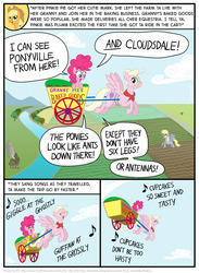 Size: 802x1095 | Tagged: safe, artist:kturtle, applejack, derpy hooves, granny pie, pinkie pie, earth pony, pegasus, pony, comic:the story of granny pie, g4, applejack's hat, background pony, cart, comic, cowboy hat, cupcakes song, excited, eyes closed, female, field, filly, flying, glasses, hat, laughter song, mare, music notes, river, silo, singing