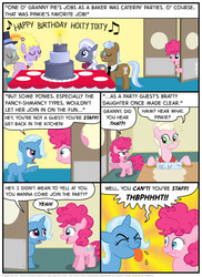 Size: 794x1088 | Tagged: safe, artist:kturtle, caesar, count caesar, granny pie, hoity toity, justah bill, lyrica lilac, pinkie pie, tall order, trixie, earth pony, pegasus, pony, unicorn, comic:the story of granny pie, g4, background pony, cake, candle, comic, dough, eyes closed, female, filly, filly pinkie pie, filly trixie, food, glasses, hat, headcanon, male, mare, missing accessory, monocle, monocle and top hat, music notes, rolling pin, singing, stallion, tongue out, top hat, younger