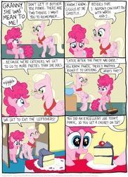 Size: 796x1096 | Tagged: safe, artist:kturtle, granny pie, pinkie pie, earth pony, pegasus, pony, comic:the story of granny pie, g4, broom, cake, cherry, cherry on top, comic, duo, eyes closed, female, filly, food, giggling, glasses, mare, starry eyes, wingding eyes