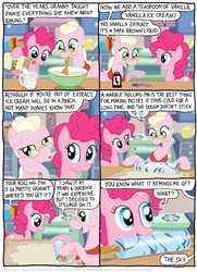 Size: 790x1094 | Tagged: safe, artist:kturtle, granny pie, pinkie pie, earth pony, pegasus, pony, comic:the story of granny pie, g4, bowl, comic, dough, duo, female, filly, food, glasses, kitchen, mare, mouth hold, rolling pin, spoon, sugar (food), vanilla extract