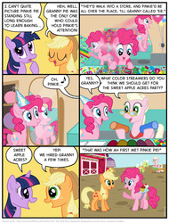 Size: 827x1089 | Tagged: safe, artist:kturtle, applejack, granny pie, granny smith, pinkie pie, twilight sparkle, earth pony, pony, unicorn, comic:the story of granny pie, g4, accent, applejack's hat, cherry, cherry on top, comic, cowboy hat, cupcake, dialogue, eyes closed, first meeting, food, hat, looking at each other, mirror, music notes, party hat, raised hoof, smiling, sweet apple acres
