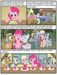 Size: 827x1089 | Tagged: safe, artist:kturtle, cloudy quartz, granny pie, igneous rock pie, limestone pie, marble pie, pinkie pie, earth pony, pegasus, pony, comic:the story of granny pie, g4, accent, cake, cherry, cherry on top, comic, dancing, female, food, male, mare, mouth hold, pencil, pie family, ship:quartzrock, stallion