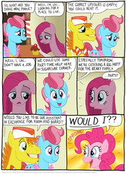 Size: 791x1092 | Tagged: safe, artist:kturtle, carrot cake, cup cake, pinkie pie, earth pony, pony, comic:the story of granny pie, g4, cherry, cherry on top, comic, cupcake, female, food, male, mare, pinkamena diane pie, sproing, stallion, the cakes